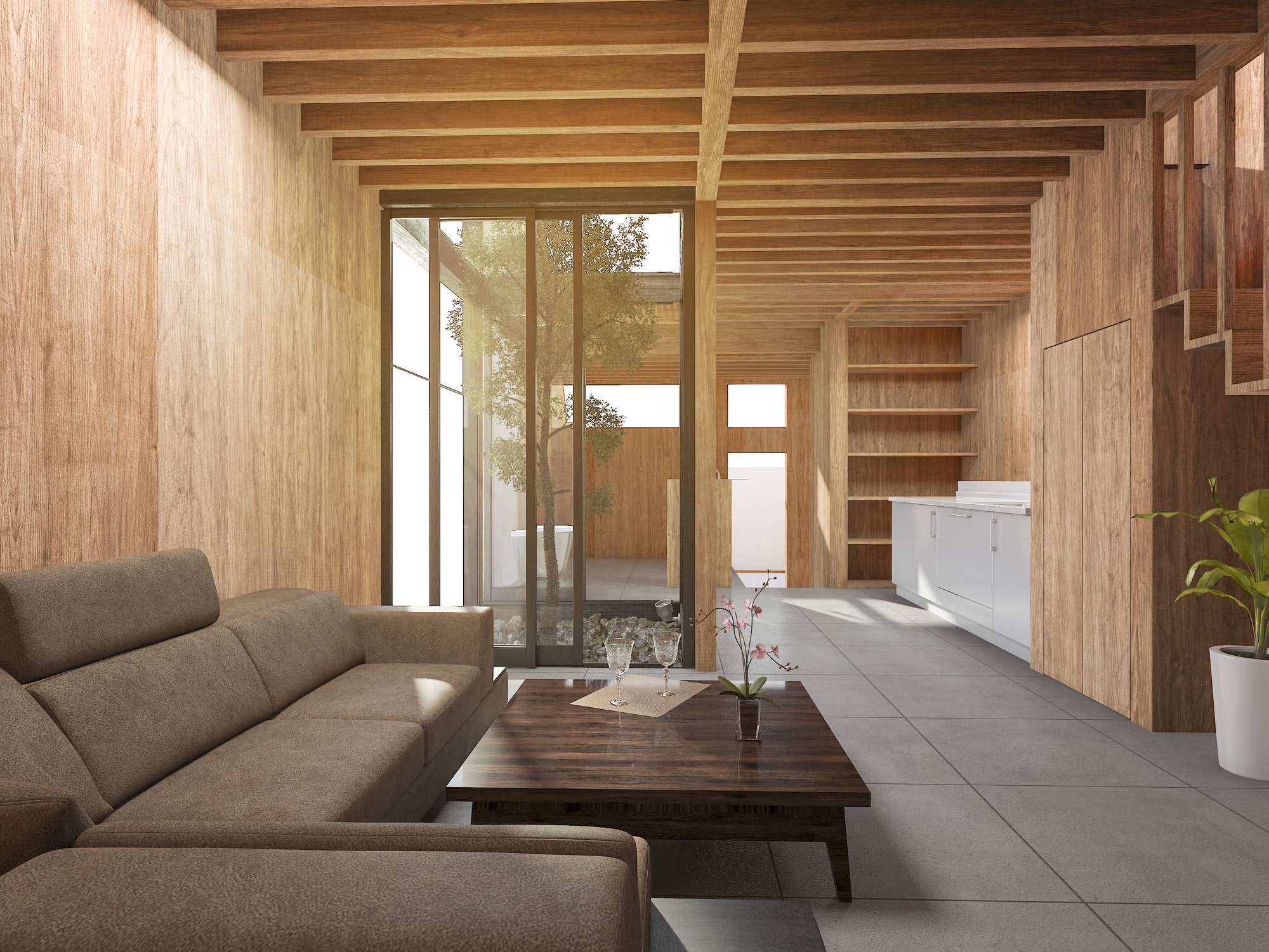 3d rendering japanese living room style house with wood decor