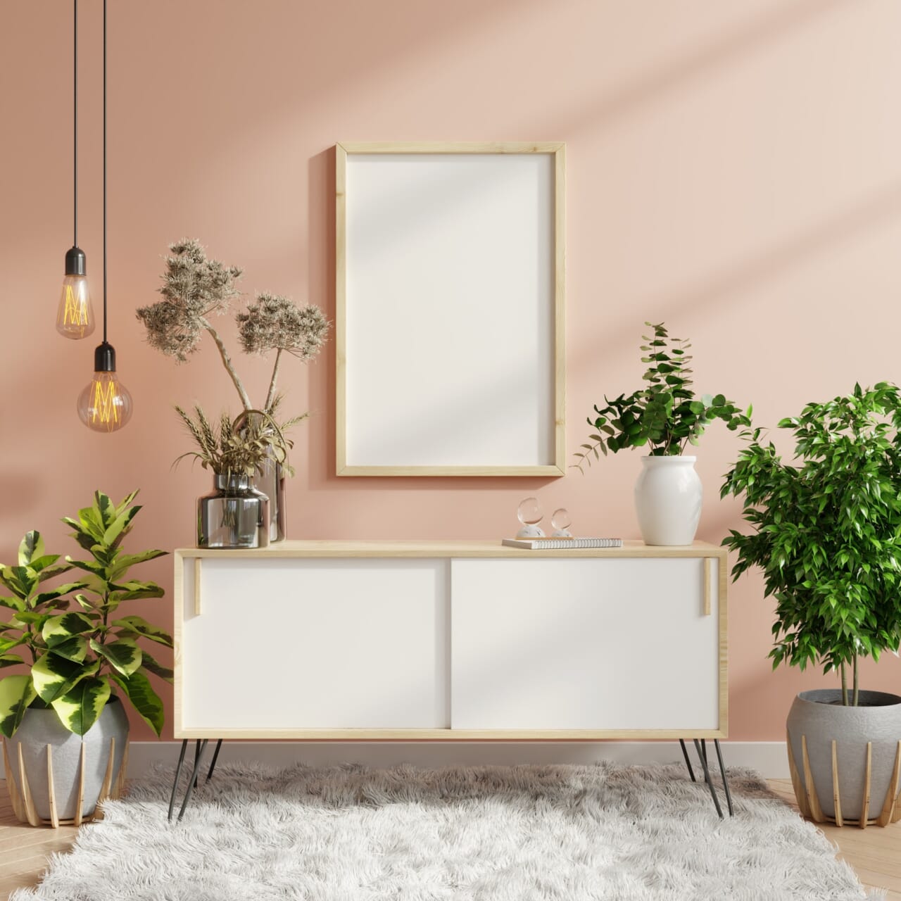 Mockup frame on cabinet in living room.